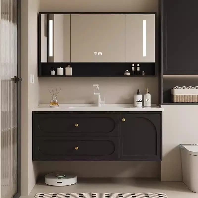Mobiletto da bagno nero a specchio con piano in marmo, mobiletto moderno salvaspazio per bagno, mobili per la casa
