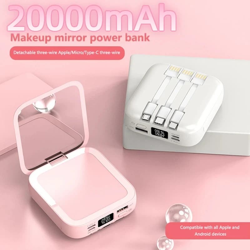 Power Bank 20000mAh with Makeup Mirror, Removable Digital Display, External Battery with Integrated Cable for iPhone and Samsung