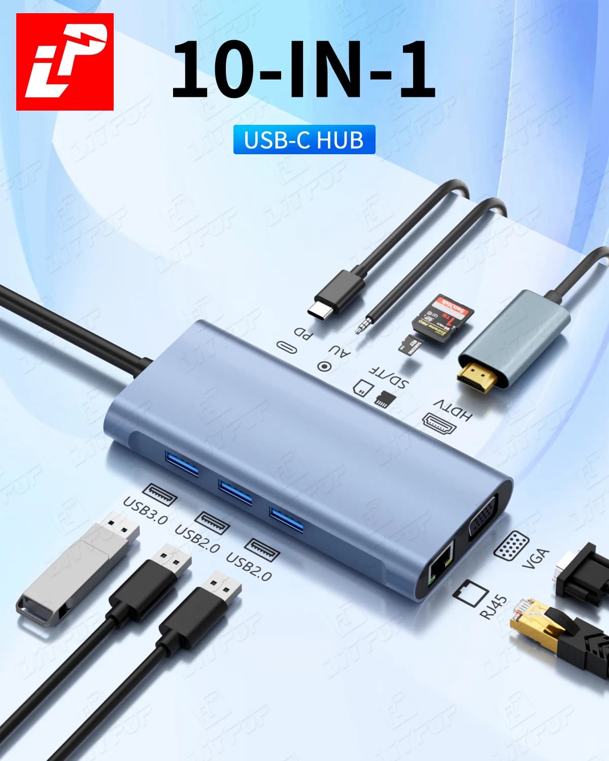 HUB USB C Dongle 10 in 1 adapter with SD/TF VGA PD compatible HDMI 4K 100 W USB 3.0 2.0 3.5 mm jack for C-type laptop