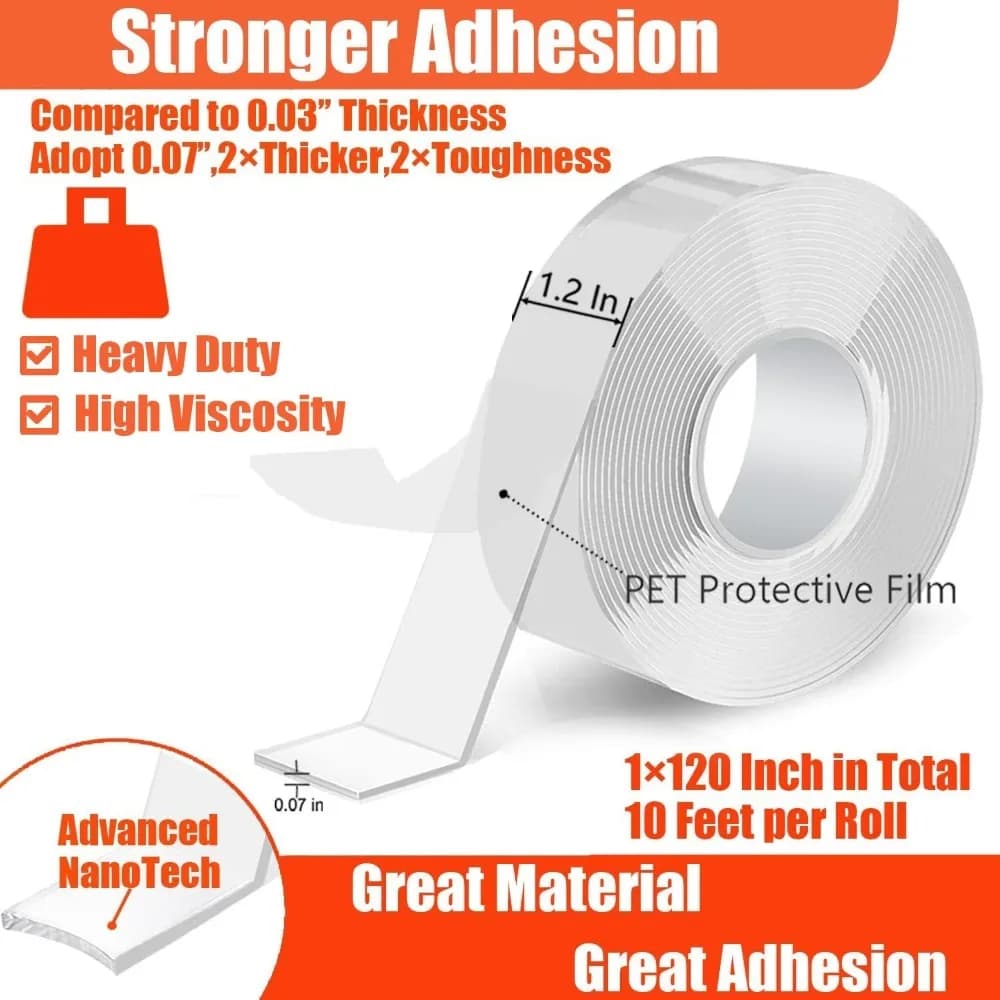 Double Sided Heavy Duty Adhesive Tape 1.2 Inch x 10 Feet Removable Mounting Strips for Carpet Poster Picture Hanging on Wall Rug Outdoor Multipurpose Clear Nano Tape