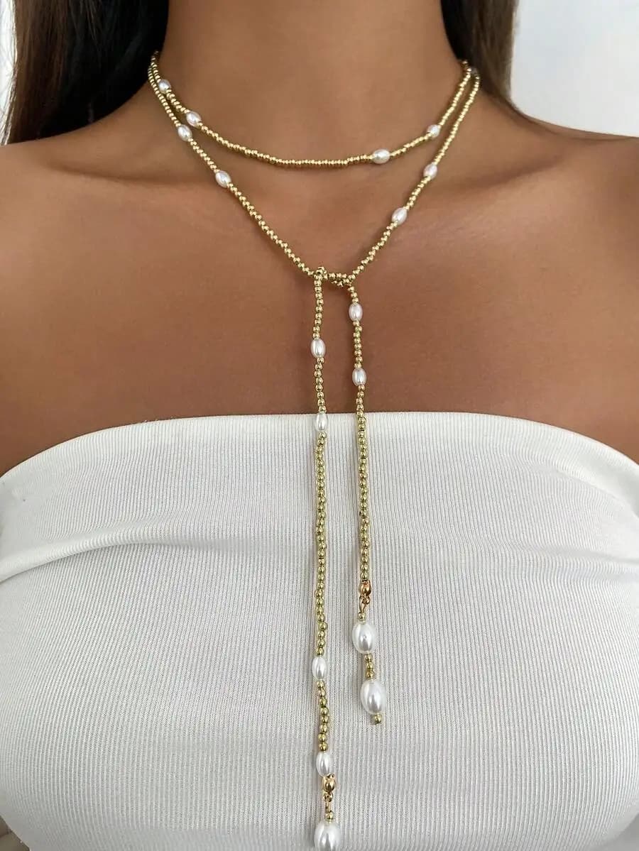 1 piece Fashionable long necklace with faux pearls and CCB geometry, luxurious and elegant jewelry for daily/party wear, gift for women