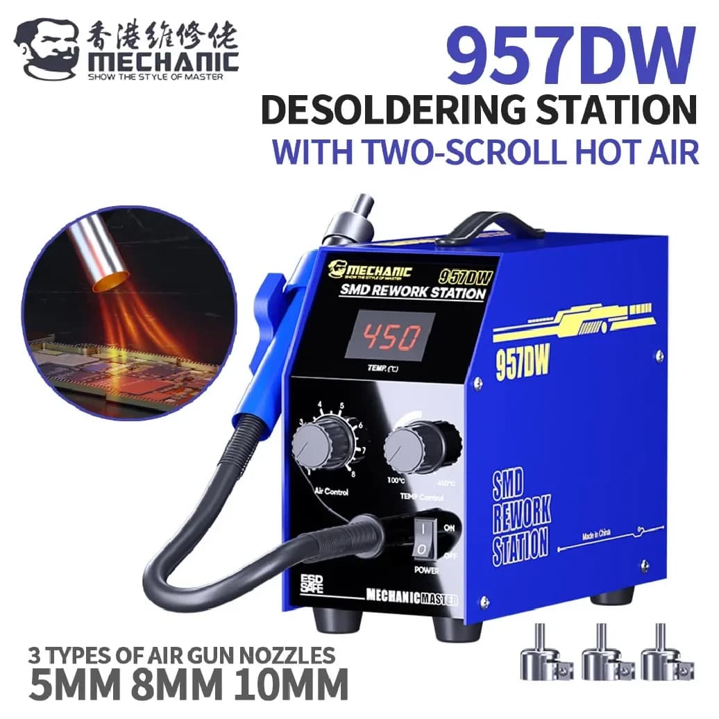 Stazione di Rilavorazione ad Aria Calda a Corrente d'Avvolgimento Doppia MECHANIC 957DW con Ugello per Pistola ad Aria da 5/8/10mm per Riparazione Telefoni Cellulari e Strumento di Rilavorazione PCB