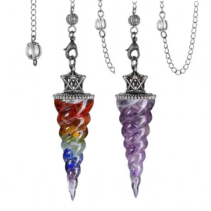KFT 7 Chakra Cristallo Spirale Pendolo Dowsing Divinazione Perline di Pietra Naturale Ciondolo Unicorno Resina Elicoidale Penduli Penduli