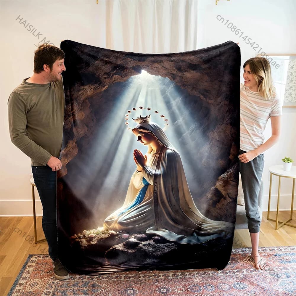 Coperta stampata con statua in preghiera e luce da grotta, calda, morbida e soffice, per bambini e adulti, per divano, letto, viaggi, campeggio, camper