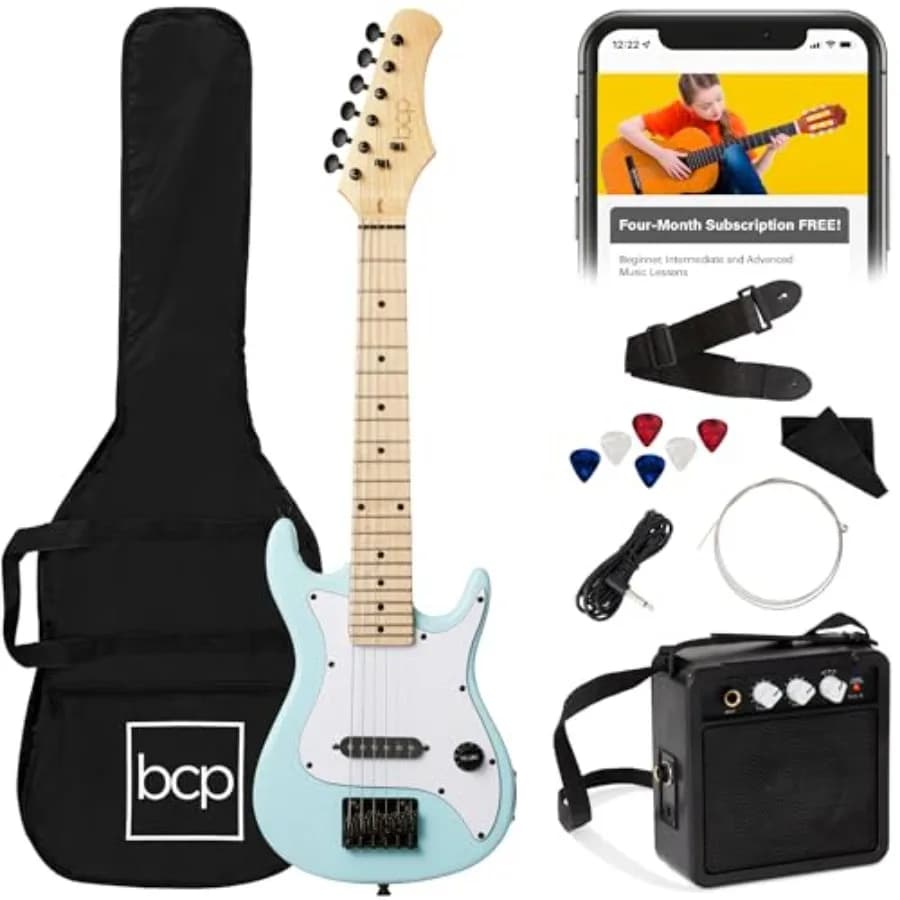 electric guitar starter kit for beginners: 30in, alder body, black finish, includes 5W amp, strap, gig bag, strings, picks