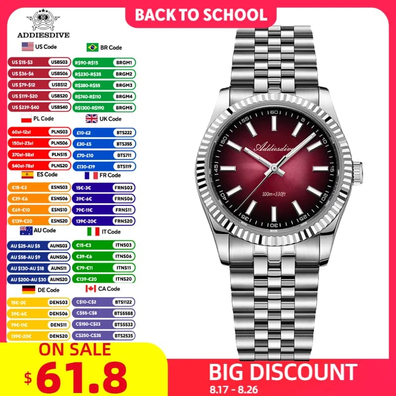 ADDIESDIVE New Watch Al Quarzo da Uomo AD2073 Zaffiro AR Coating 100m Waterproof Luminous VH31 Men's wristwatch 36mm Sporty watch