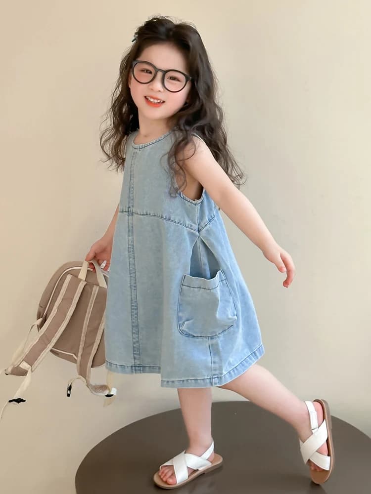 Gonna in denim estiva da ragazza, modello gilet, alla moda, con tasche grandi, casual, girocollo, pezzo unico, altro materiale