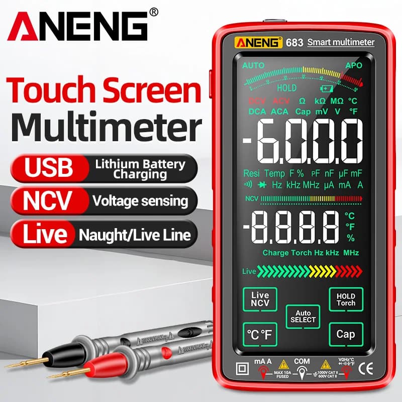 Multimetro Professionale ANENG 683 per Test di Tensione AC/DC, 6000 Conteggi, Amperometro, Schermo Touch Intelligente, Tester NCV e Diodi