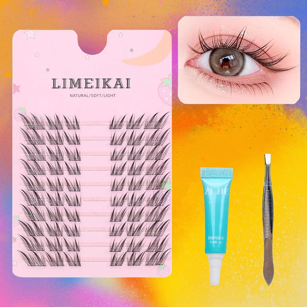 Set di colla per extension ciglia finte anime dall'aspetto naturale + colla per ciglia + clip speciale per ciglia -60 grappoli, 9-14 mm, arricciatura a forma di C