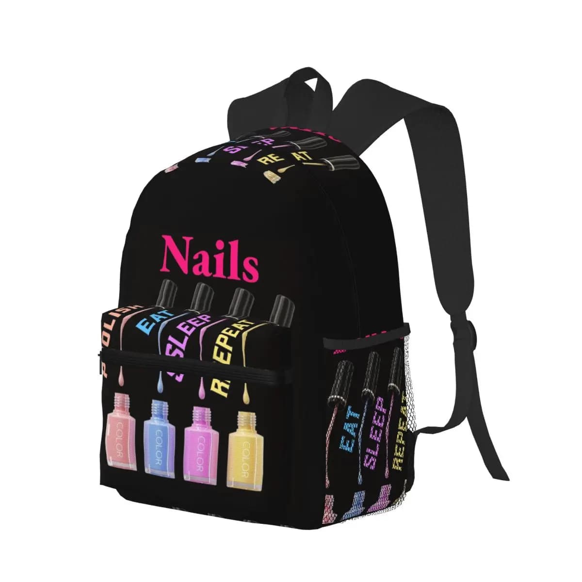 Zaino con citazioni di Bib Nails Polish Eat Sleep Repeat, borsa da scuola per studenti, zaino da viaggio per escursioni, per uomo e donna, borsa a tracolla