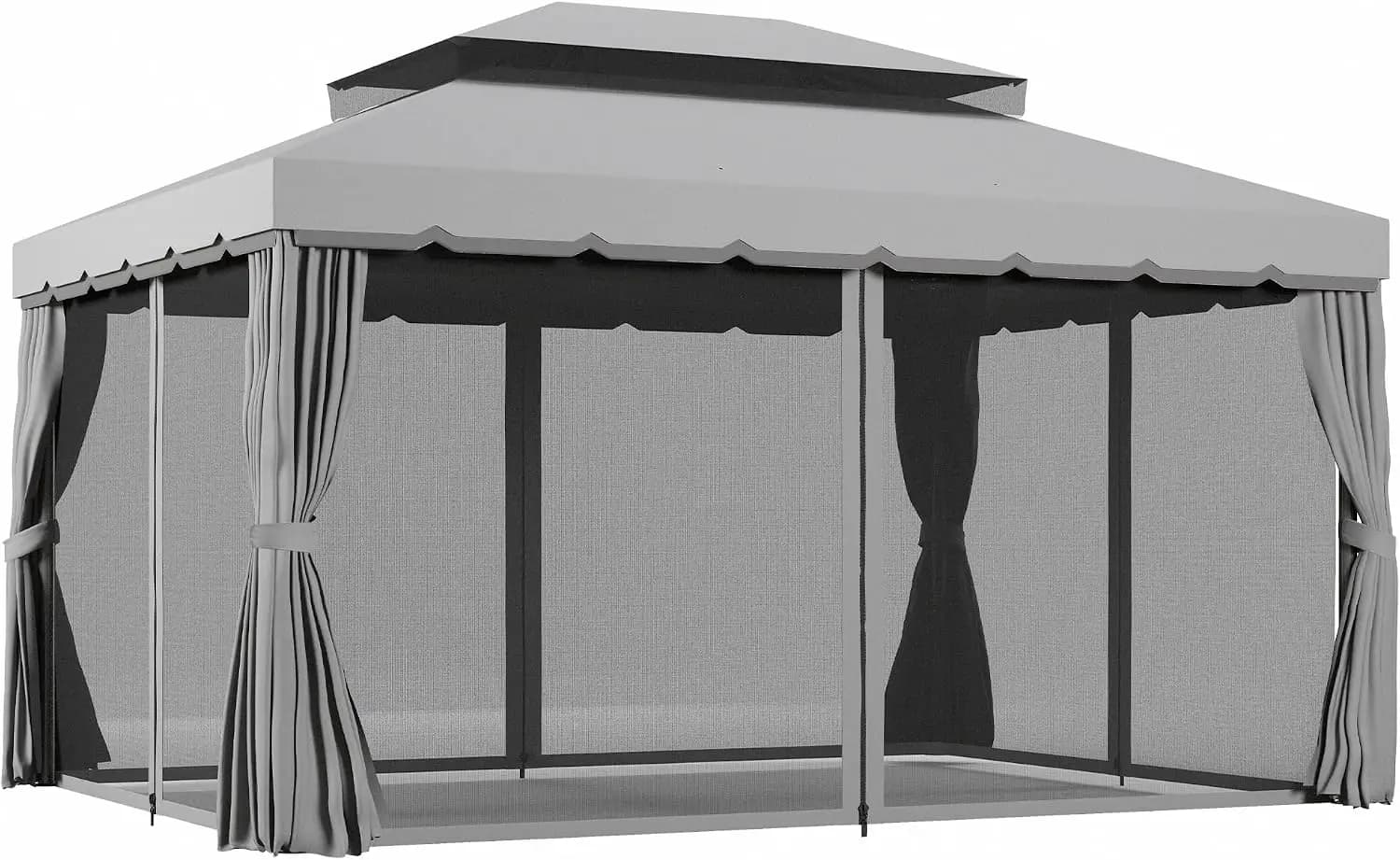 Patio Gazebo Outdoor Canopy Shelter With Netting And Curtains Aluminum Frame Heavy Duty Metal Pergola Sunshade Tent Shelter For Garden Lawn Backyard Deck Gray