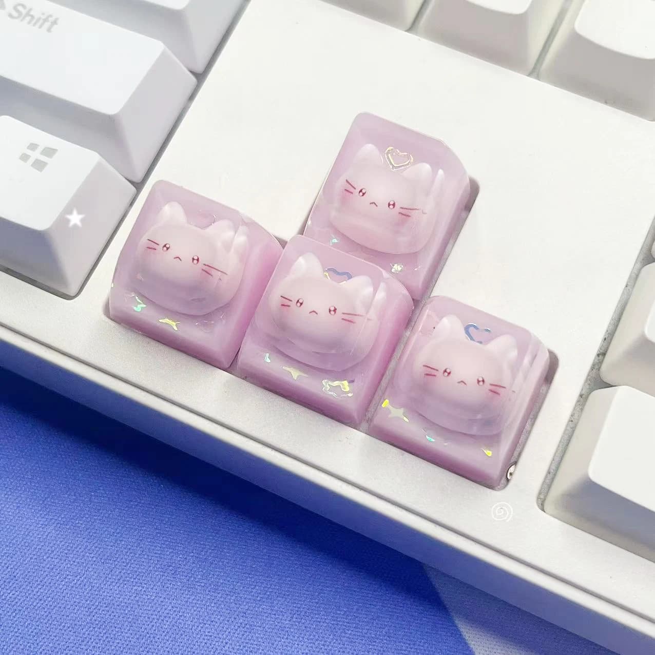 Keycap DIY a forma di testa di gatto rosa, trasparente, con artiglio di gatto, per tastiera meccanica da gaming e tasti direzionali trasparenti per tablet
