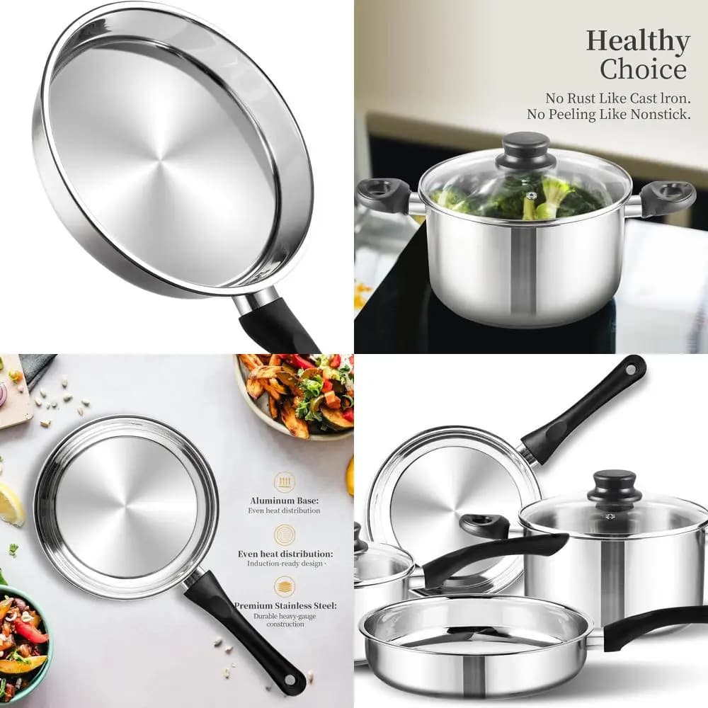 Set of 6-piece stainless steel pots with glass covers and cold handles, pan, casserole, pots, induction and dishwasher safes