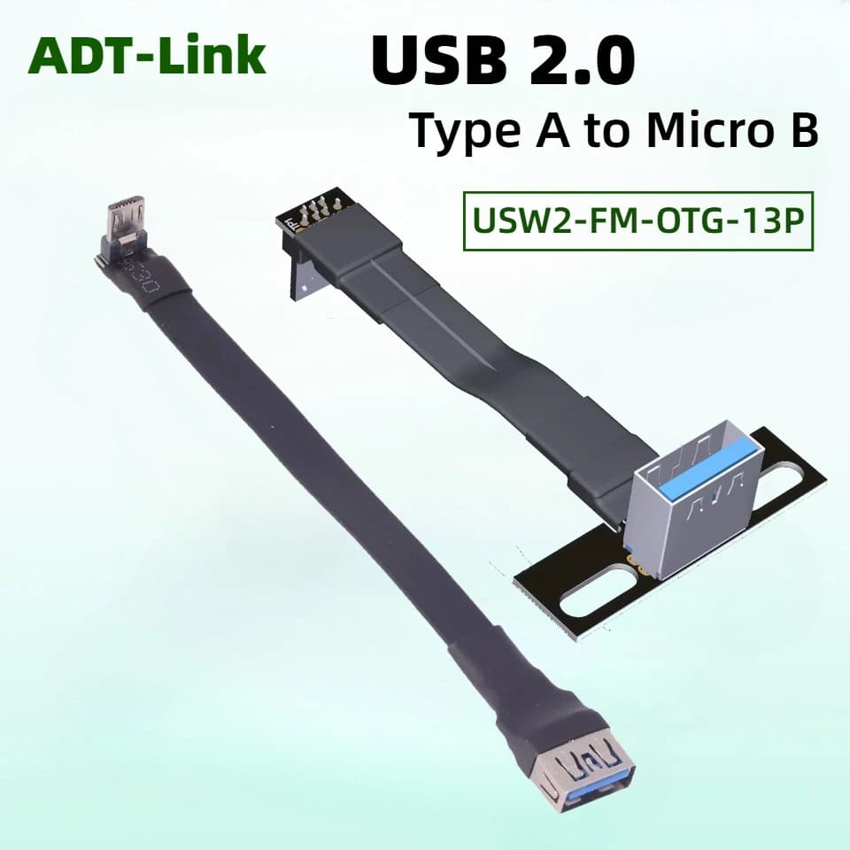 Cavo Piatto USB 2.0 ADT-Link da Tipo A a Micro B OTG Femmina a Maschio, Adattatore di Estensione a Doppia Angolazione a 90°, Connettore 480Mbps, Linea di Connessione 5V/1.5A
