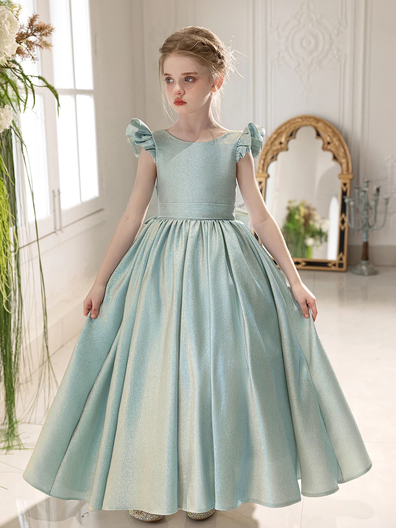 Abito blu da ragazza elegante di fascia alta con un grande fiocco sul retro Abito lungo per matrimoni, compleanni e feste