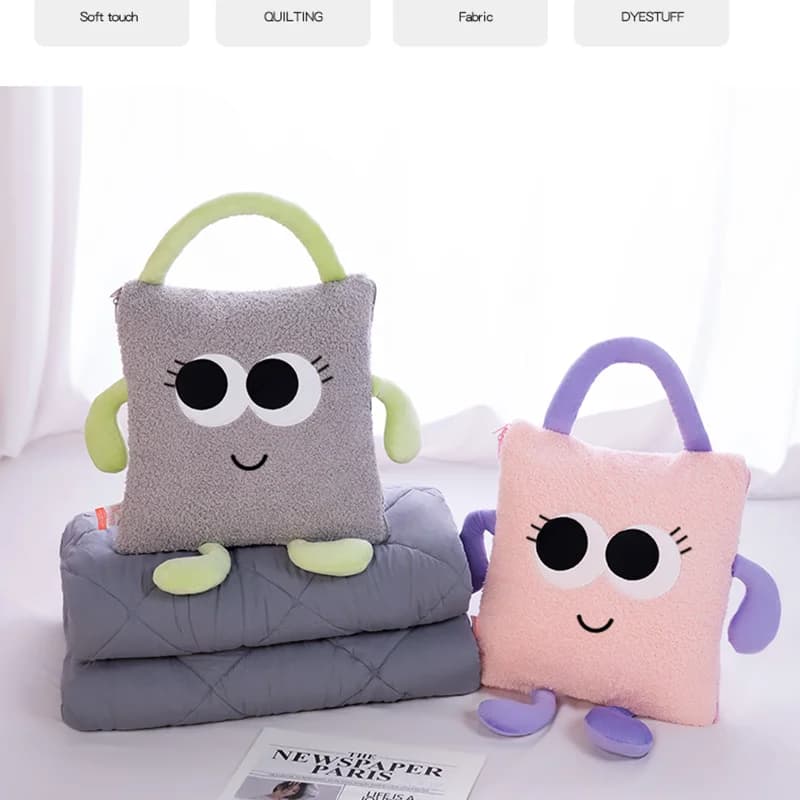Cute Big Eyes Cartoon Plush Handbag Pillow Blanket 2 in 1 Portable Soft Cushion Multi-scene Use Office Car Travel Birthday Gift