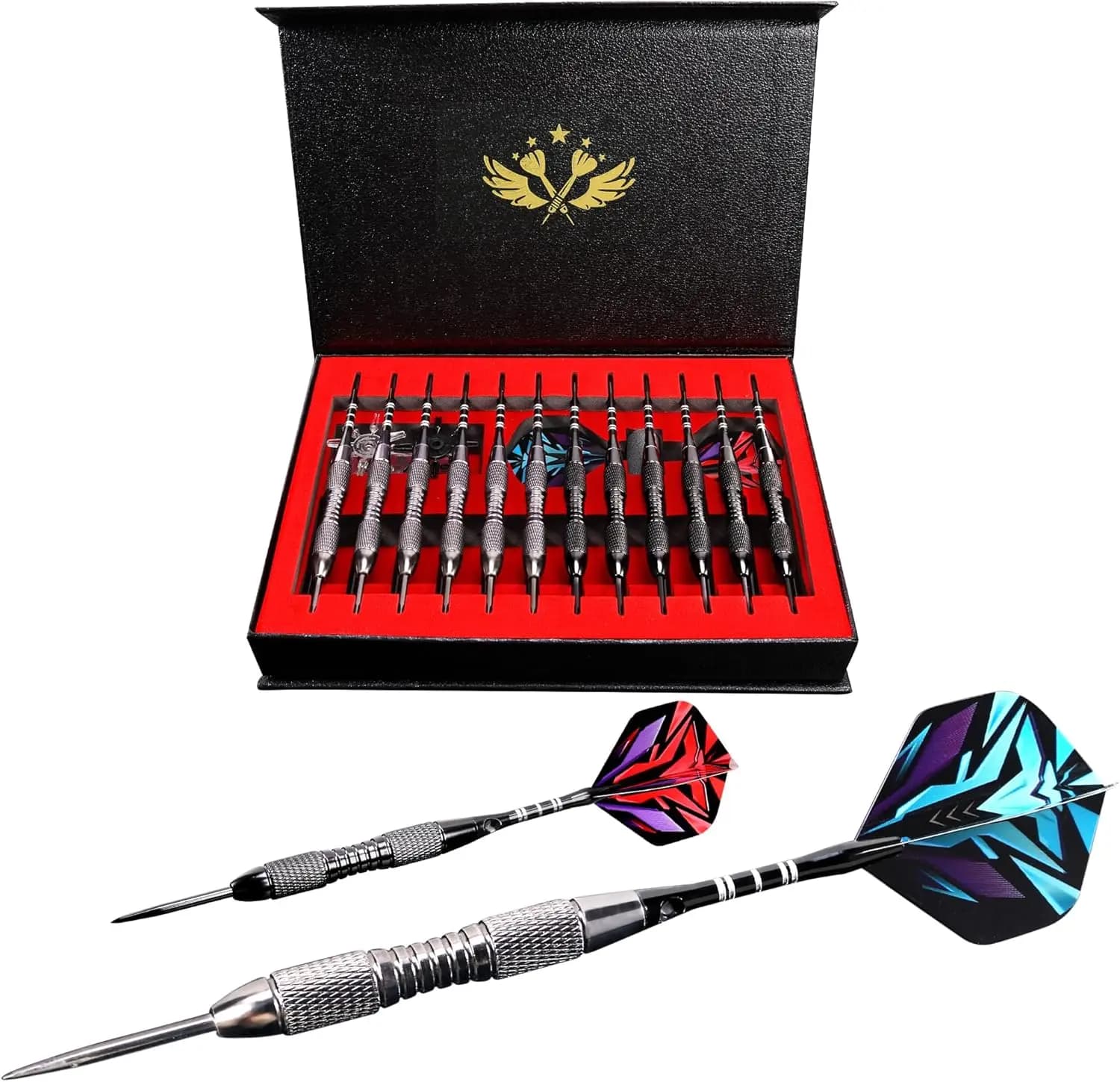 Set di freccette con punta in acciaio, corpo antiscivolo, aste in alluminio, alette, affilatore e confezione regalo