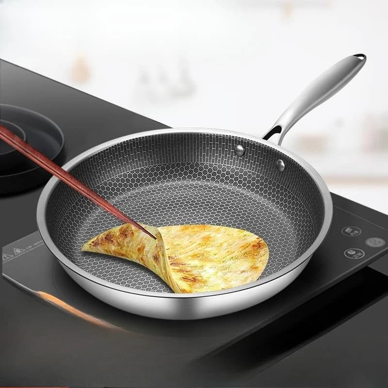 Padella a nido d'ape in acciaio inossidabile, ispessita, non rivestita, antiaderente, padella universale per uso domestico con fondo piatto per friggere le uova