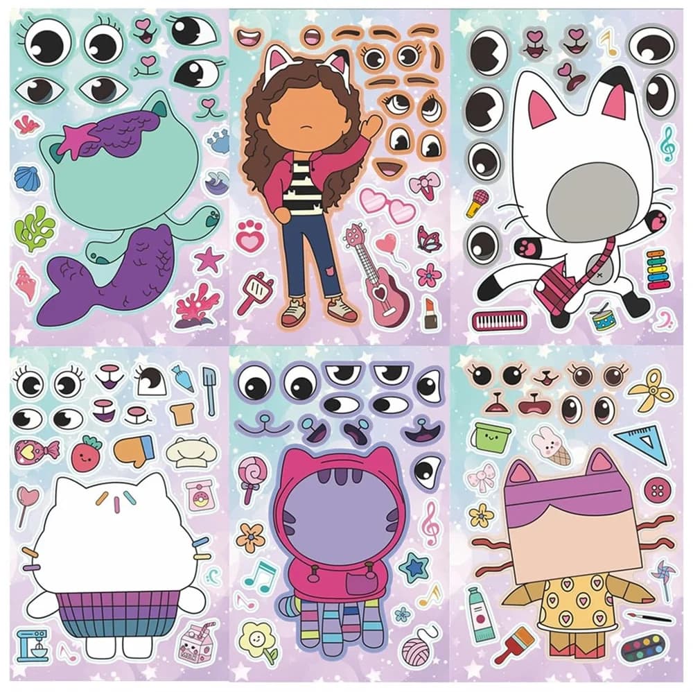 12/24pcs Gabby Dollhouse Cats Stickers ake Your Own Stickers Make a Face Sticker Sheets with Gabby Characters Fun Party Favors