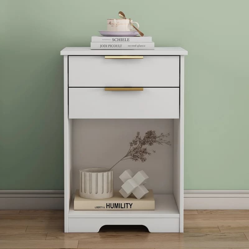 Modern White Nightstand with 2 Drawers and Open Shelf, Golden Handle, Easy Assembly, Suitable for Bedroom or Living Room