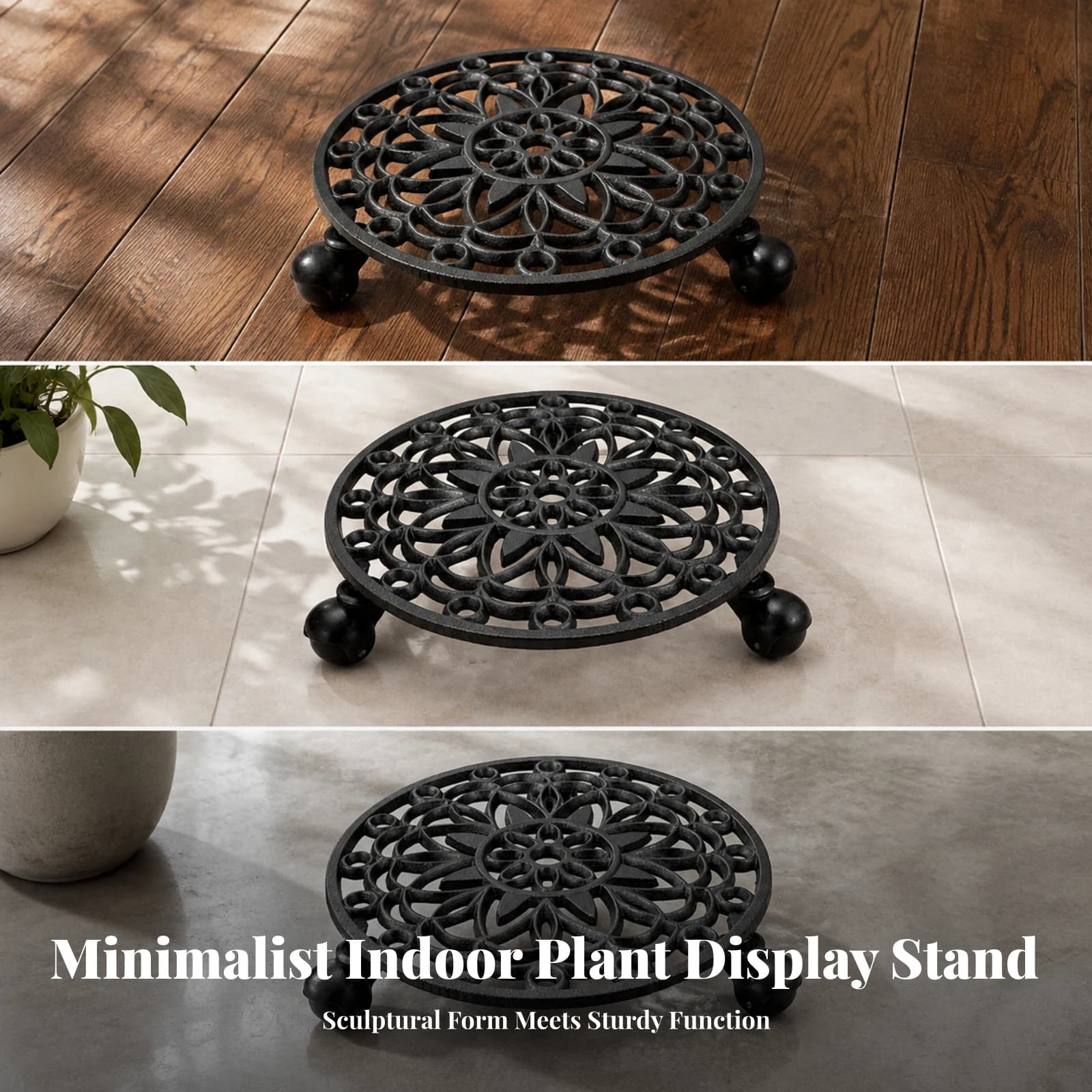Black Iron Planter Stand with Wheels Mobile Metal Plant Trolley with Wheels Round Flower Pot Rack on Rollers Ornate for Balcony