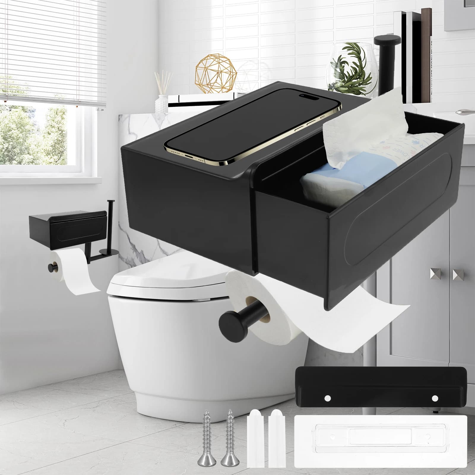Portarotolo per carta igienica Portarotolo per carta igienica a parete senza perforazione con cassetto portaoggetti Mensola per fazzoletti per accessori per organizer da bagno