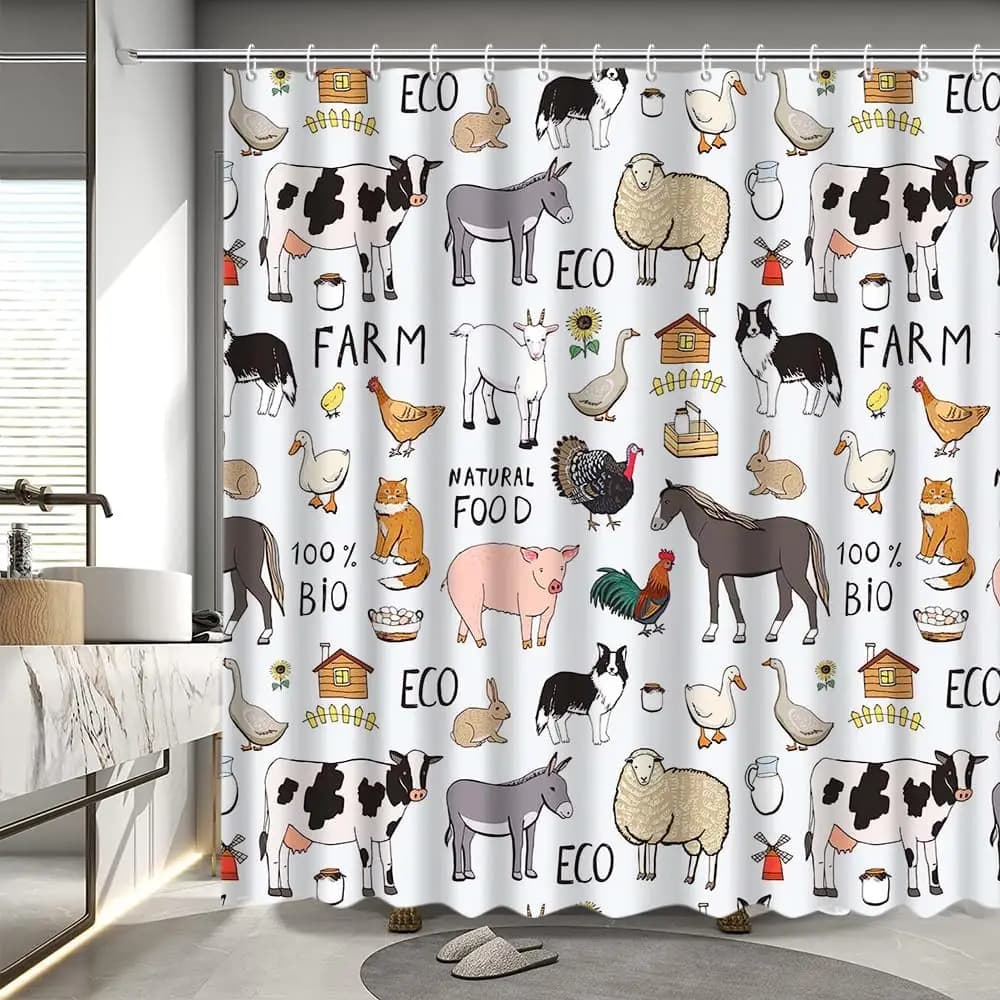 Tenda da doccia con animali da fattoria, cane, gatto, mucca, elegante tenda da doccia con disegni di animali selvatici, decorazione di lusso per il bagno e la casa