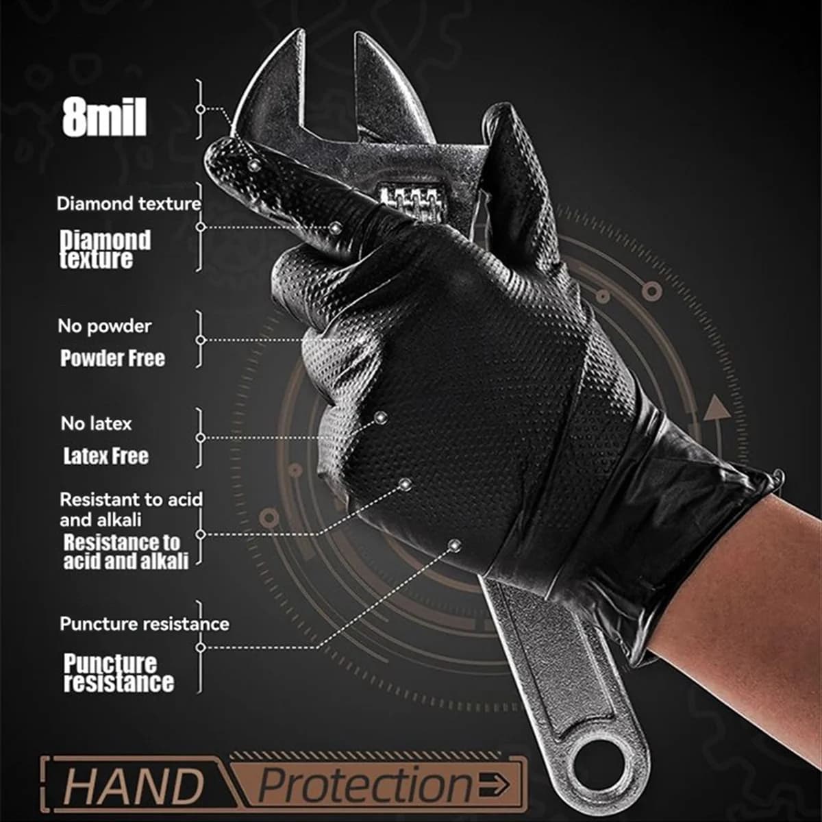 ABNJ 100 pezzi guanti in nitrile spessi industriali con guanti neri pesanti senza lattice testurizzati con diamanti XL