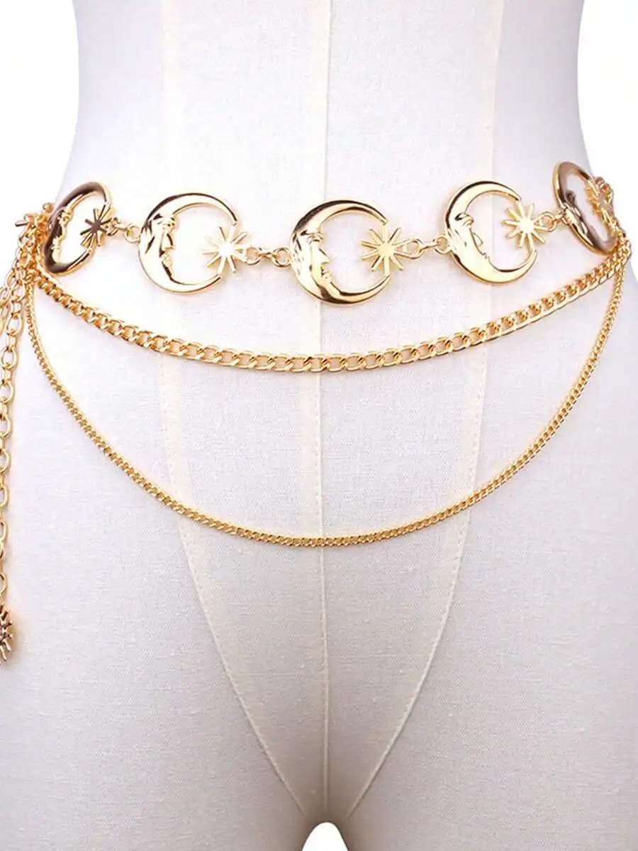 1pc Women's Metal Waist Chain, Versatile Moon Decor Waist Belt, Multi-Layer Metal Cinch Belt, Dress Up Accessory Waist Belt Summ