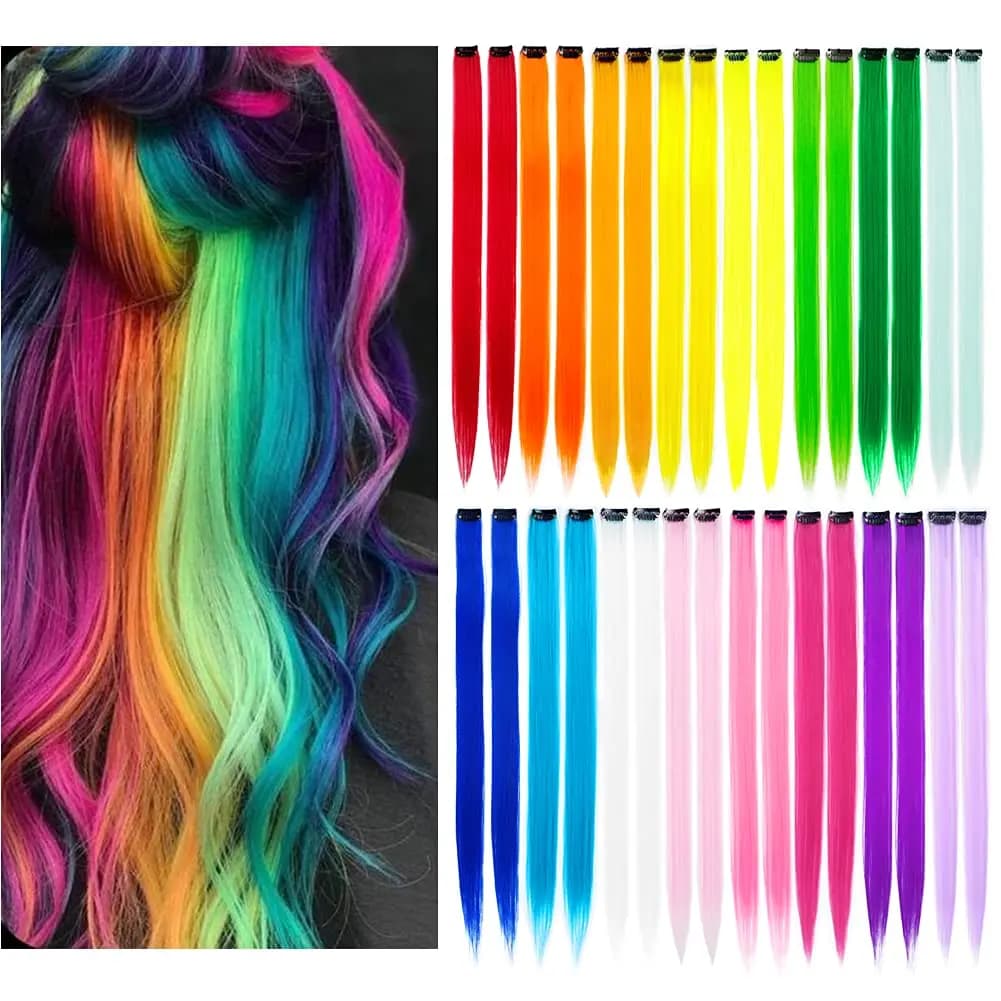 Confezione da 32 extension per capelli arcobaleno, clip-in dritti da 20 pollici per riflessi da festa, 16 colori