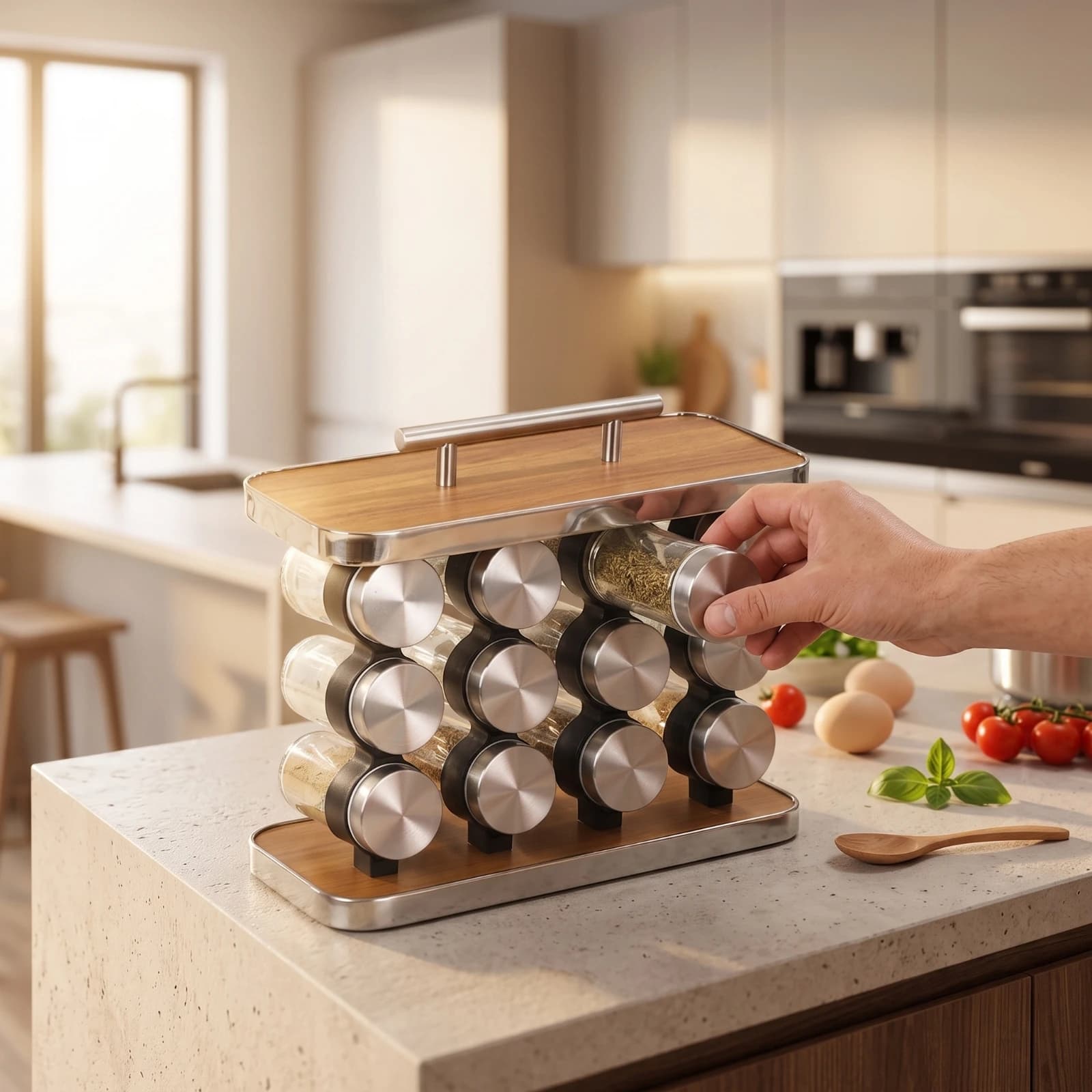 Seasoning Rack with 12 Jars Wood-Grain Seasoning Storage Rack with Handle Seasoning Bottle Set Compact Space-Saving