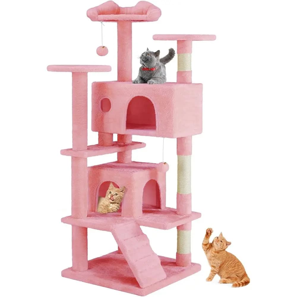 48 Inch Cats Tree Tower with Scratching Post, Pink | Multi-Level Cats Tree with Scratching Post, Indoor Cat Tree Condo with Clim