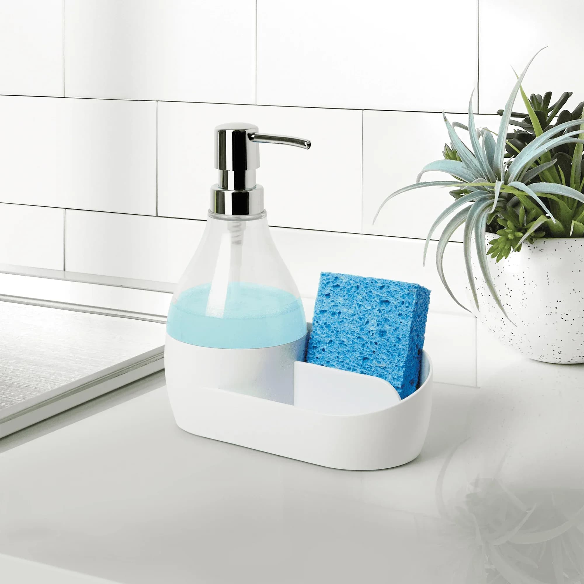 (confezione da 3) Pompa per sapone e porta spugna, dispenser per sapone con contenitore incorporato, 17,1 once