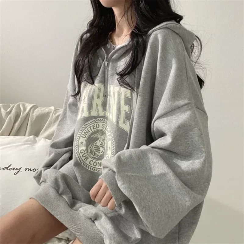 Autunno Inverno Coreano Harajuku Felpe con zip oversize Donna Moda Lettera Stampa Felpe casual larghe Y2k Streetwear Donna