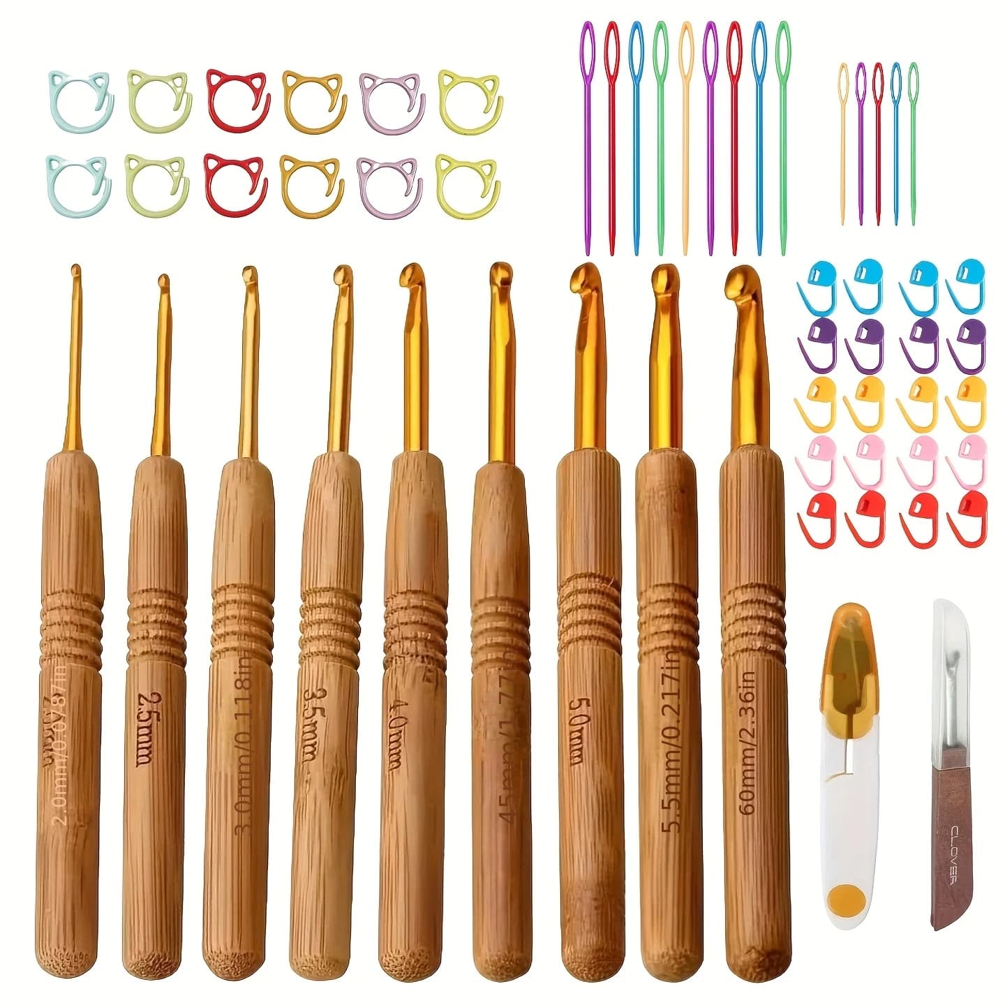Set di 57 Uncinetti Ergonomici (2.0-6.0mm), Ferri da Maglia in Acciaio Inossidabile con Manico in Legno Leggero e Accessori Vari