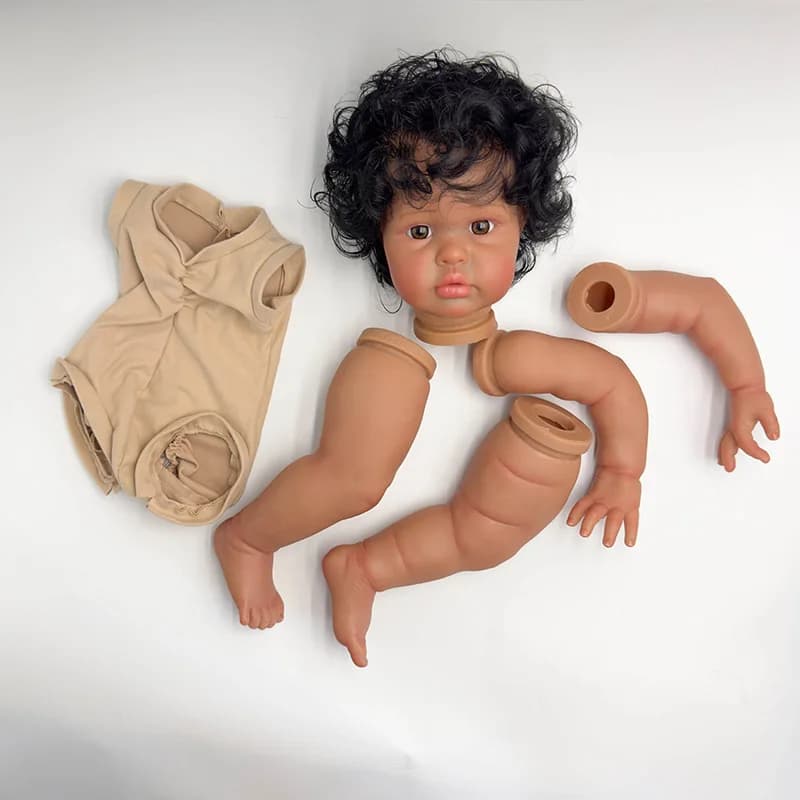 NPK 24''' handmade in unfinished dark leather Reborn Ellie kit realistic doll parts painted with curly black hair