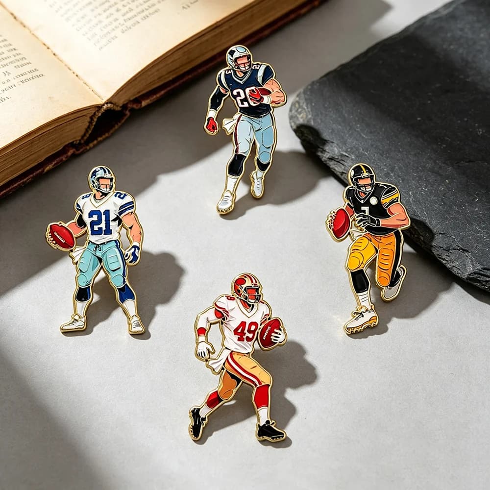 4Pcs American Football Player Ename Pins Set for Boys Cool Sports Character Lapel Brooches Collectible Gifts for Backpacks