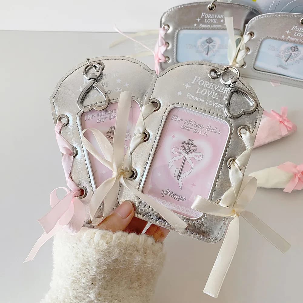 PU card holder in silver leather with protective case for three inch photo display with DIY tape, luxury frame