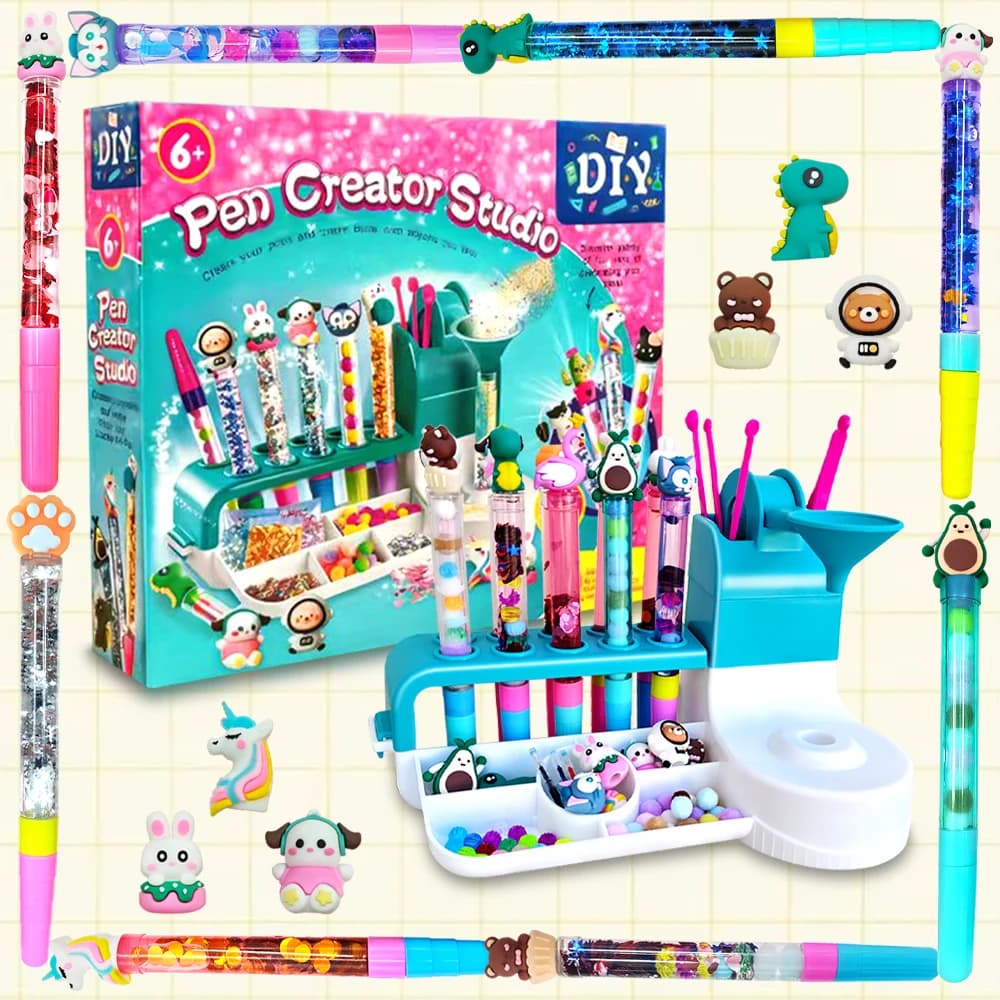 Set Fai-da-Te per Creare Penne con Effetto Sabbia Mobile, Kit Creativo per Penne Artigianali, Giocattolo Educativo con Paillettes e Personaggi Cartoon