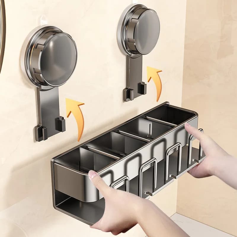 AOBT No Drilling Suction Cup Hair Dryer Stand All-in-One Bathroom Bracket with Toothbrush Holder And Toothware Rinsing Cup