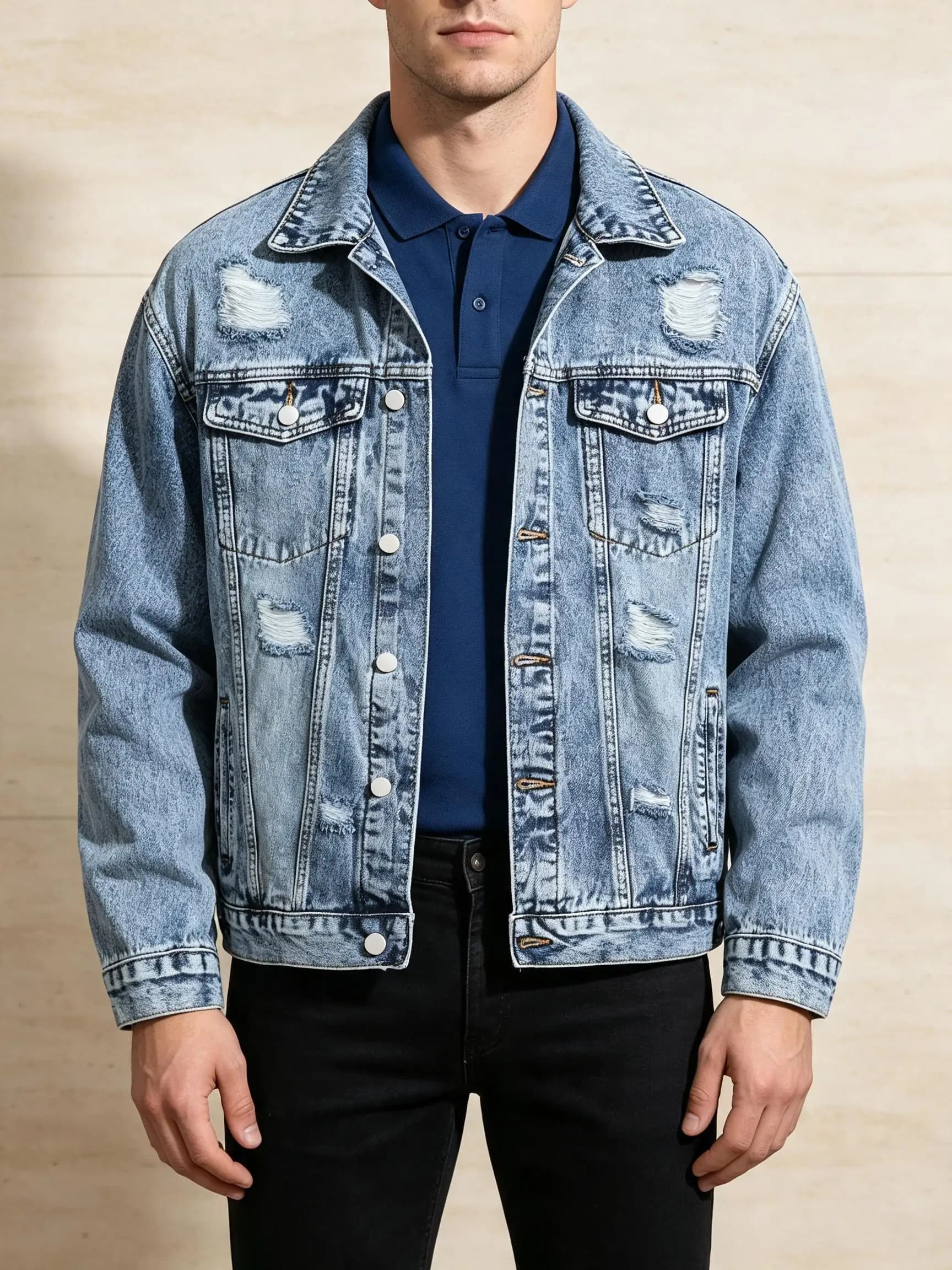 Fashion Raw Hem Light Denim Jacket, Men's Trendy Streetwear Lightweight Outerwear, Frayed Edge Style, Edgy Gift for Husband