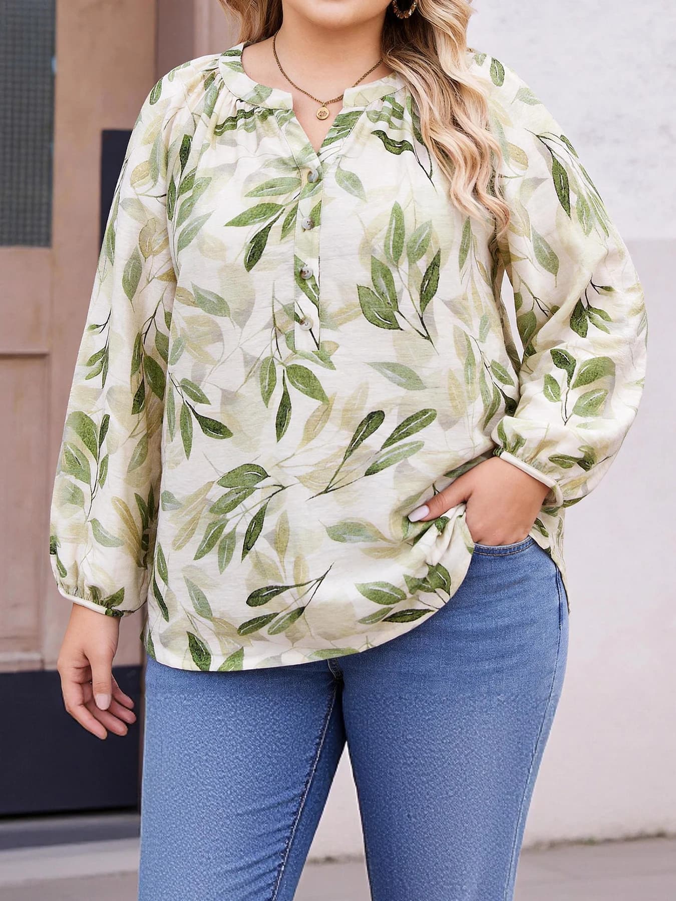 Plus Size Women's Green Leaf Print Stand Collar Half Button Lantern Long Sleeve Loose Blouse