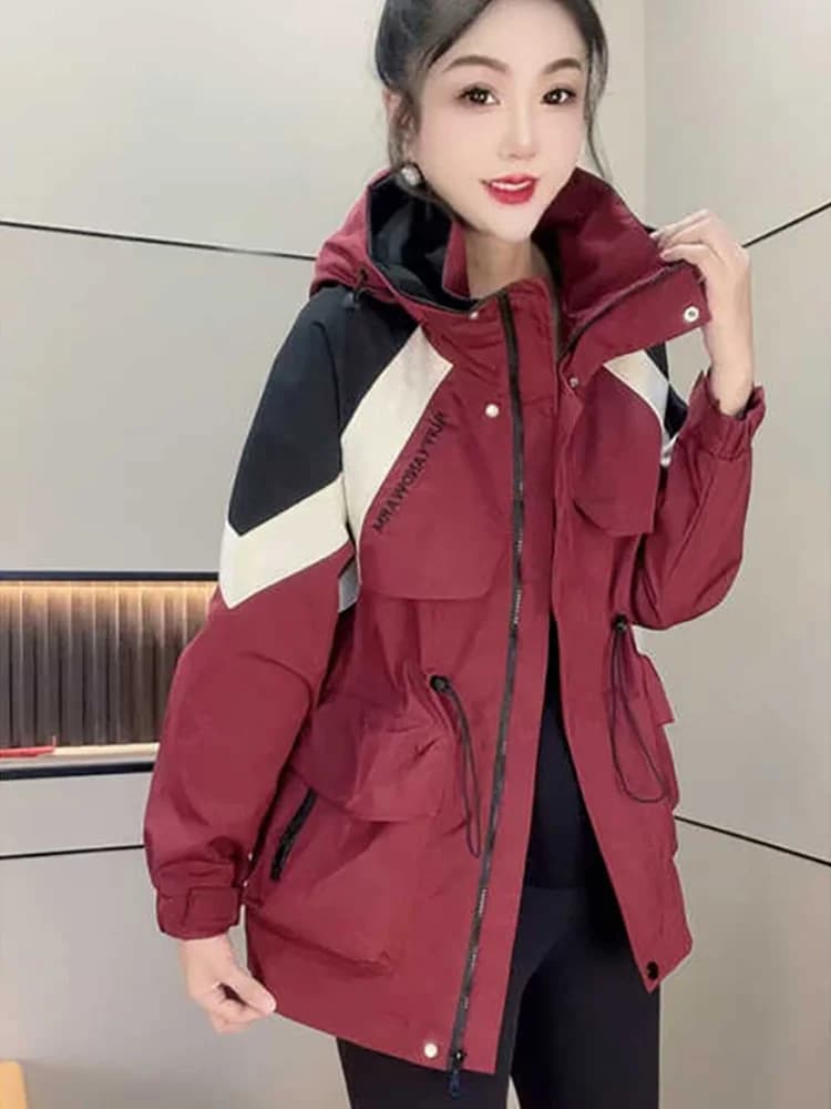 Women's Autumn Winter Cotton Jacket Color Block Contrast Zipper Hooded Coat Versatile Medium Length Casual Fashion Outerwear