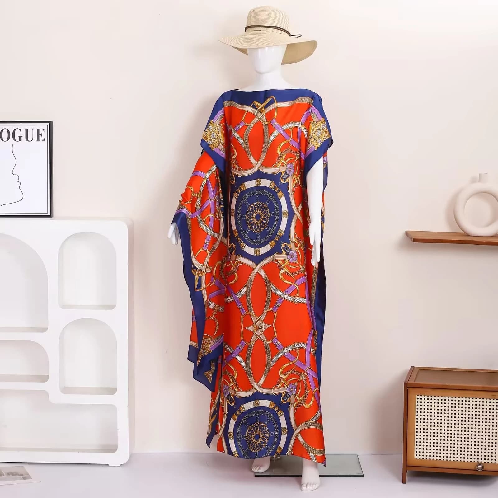 1J piece retro chain print satin robe women's loose bat sleeve holiday beach blouse long casual dress