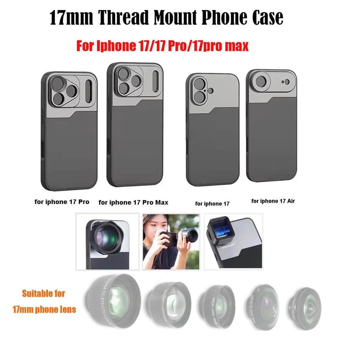Custodia per telefono con supporto per obiettivo con filettatura Mini Vlog 17MM per iPhone 17 Pro Max Copertura protettiva per aria Supporto per obiettivo grandangolare macro anamorfico