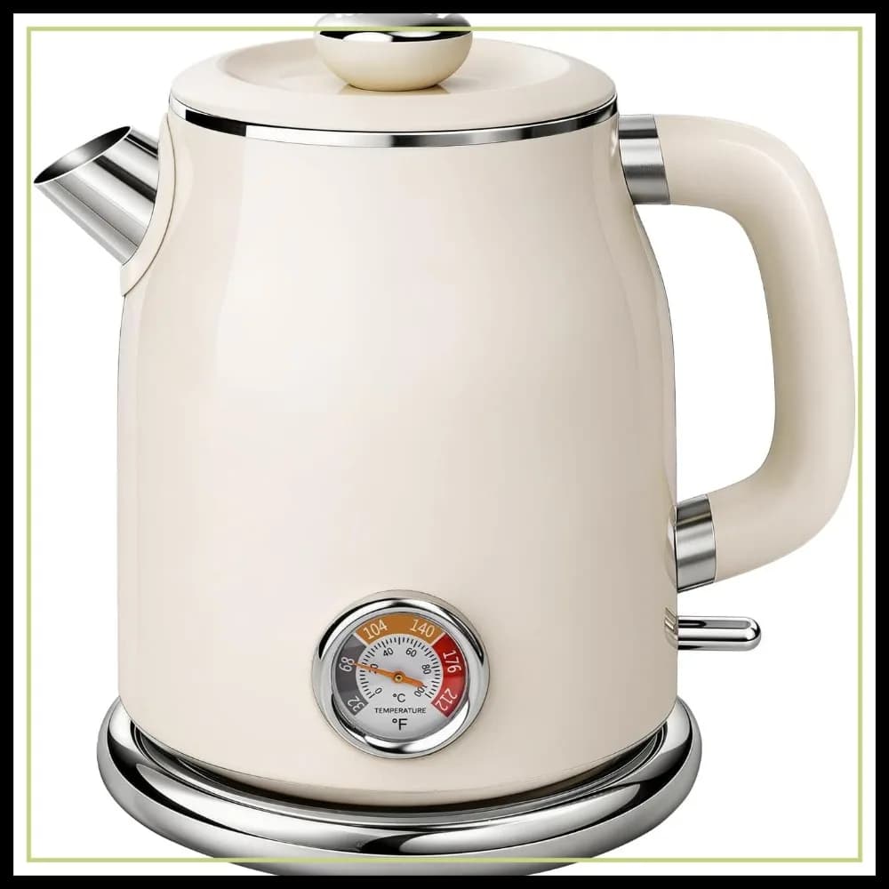 Bollitore Elettrico Retrò 1.7L, Interno in Acciaio Inox, 1500W Ebollizione Rapida, Doppia Parete Cool Touch, Termometro, Ampia Apertura, Colore Crema