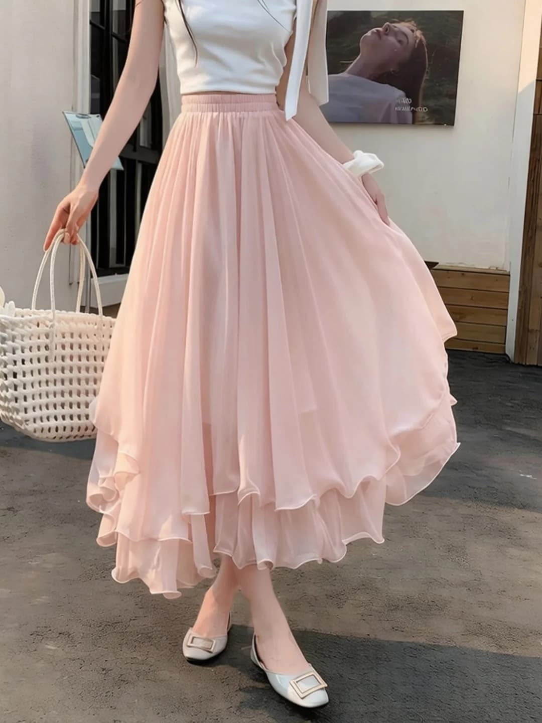 Gonna a mezza lunghezza asimmetrica in tulle rosa da donna, estiva, sottile, con elastico in vita, a trapezio, drappeggiata, a ombrello, di media lunghezza