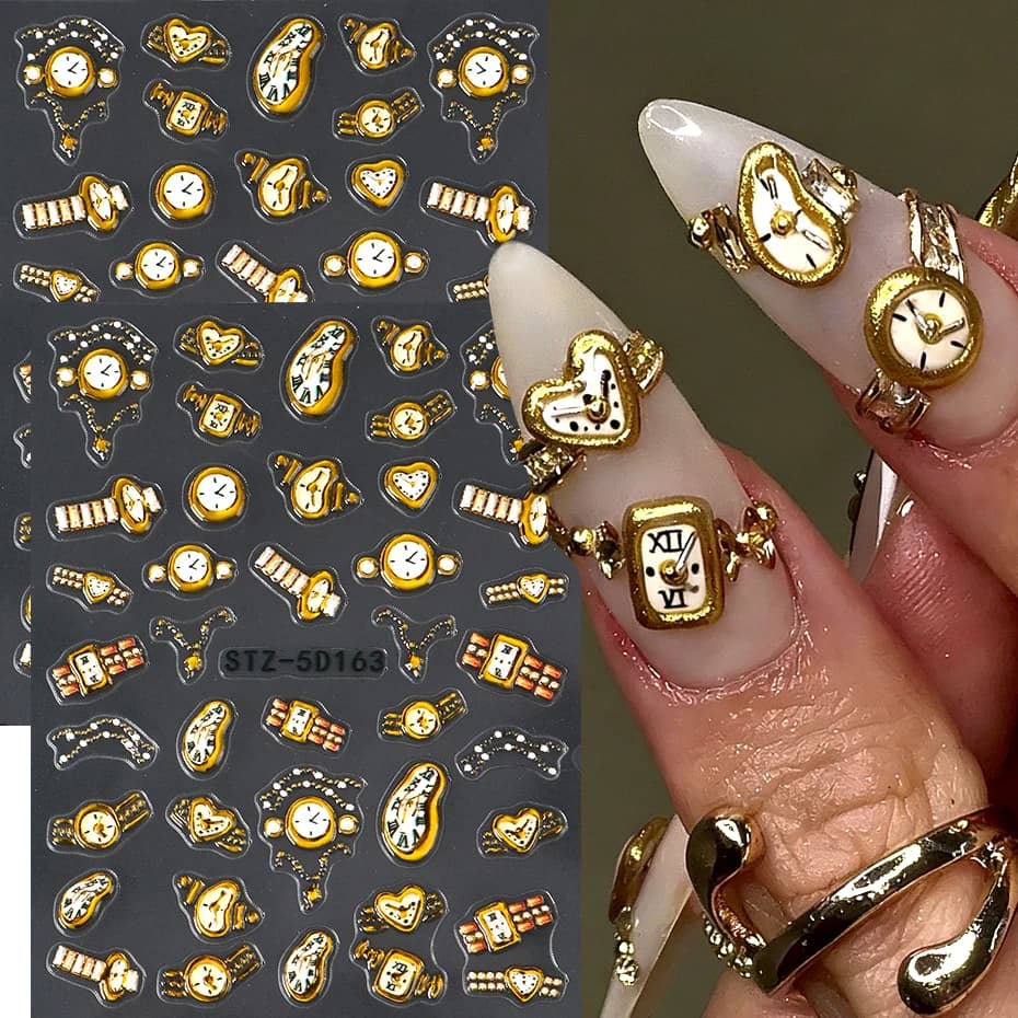 2 Pezzi Adesivi per Unghie Orologio Dorato, Decalcomanie 3D a Motivo Orologio, Slider per Nail Art, Decorazioni per Unghie, Accessori per Manicure