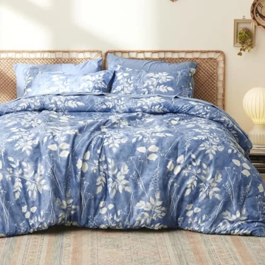 Set Copripiumino - 7 Pezzi Floreali Blu, Set Biancheria da Letto Morbida con Fiori Botanici, Copripiumino, Lenzuola, Federe e Coprispalle
