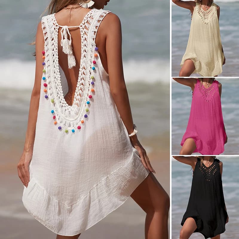 Women's short dress with V neckline without back neckline Short dress with wood ear with crochet stitches with colorful balls Beach cover